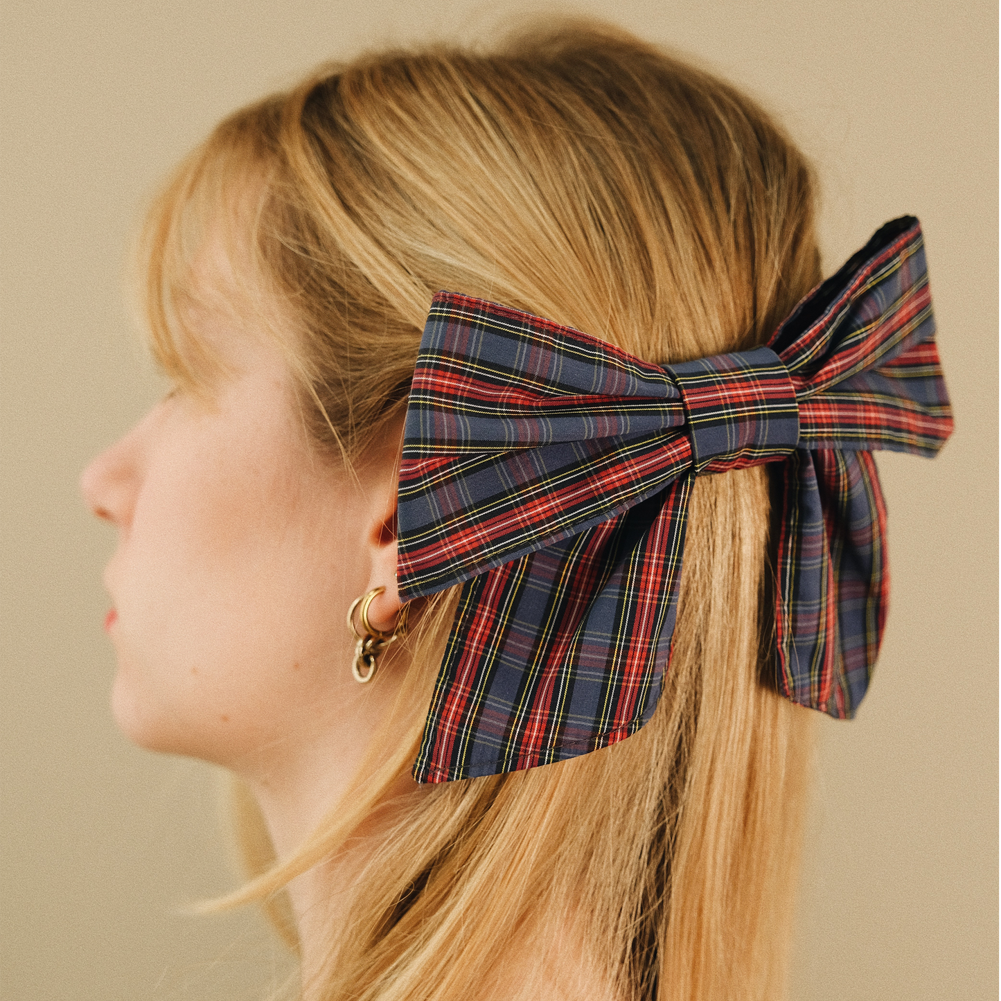 Barrette Noeud XXL Tartan bleu