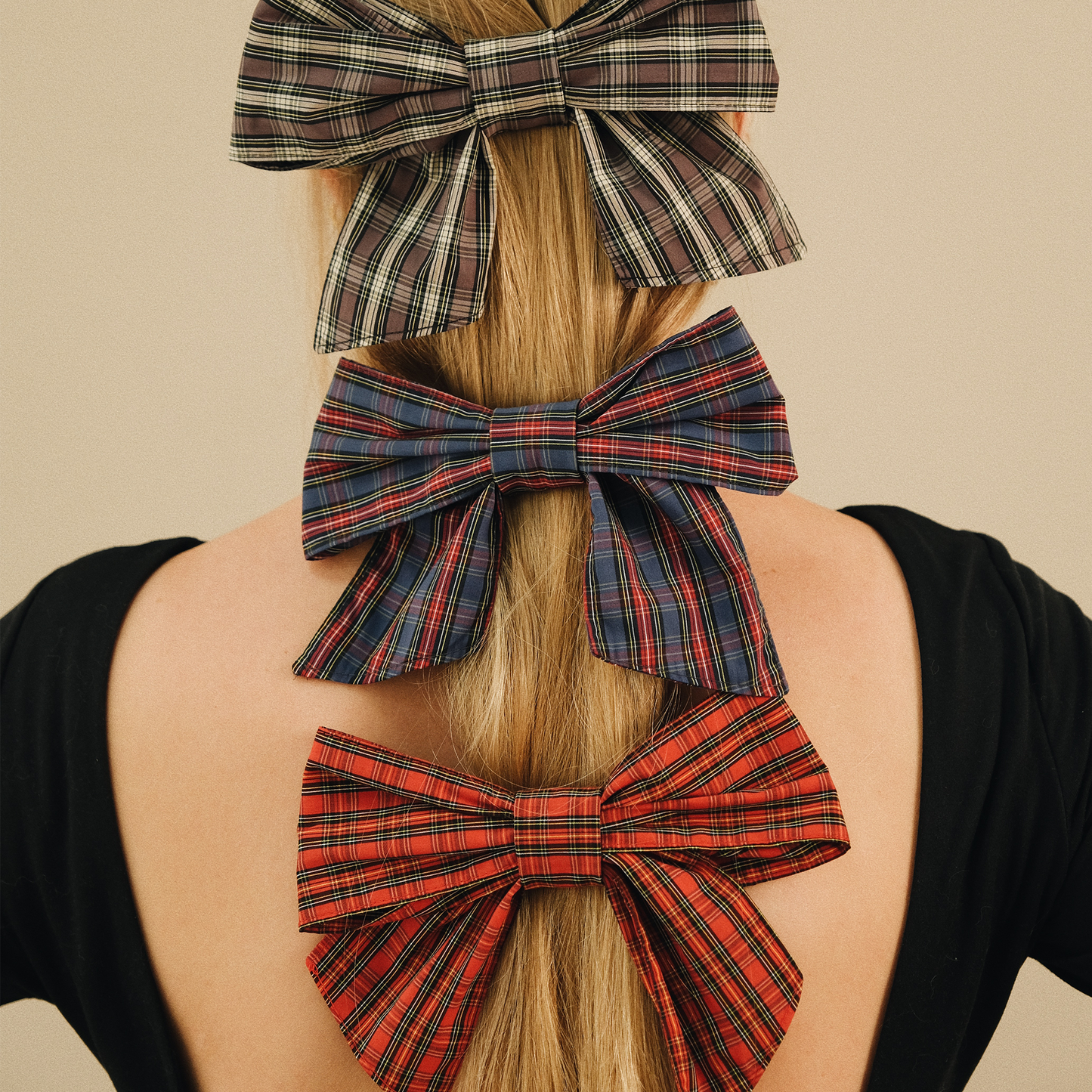 Barrette Noeud XXL Tartan Taupe
