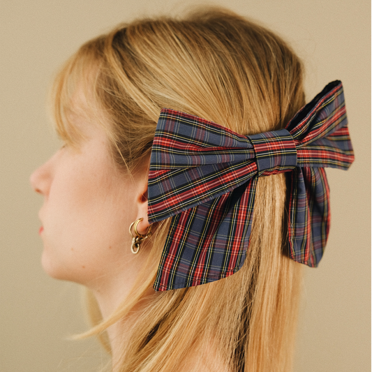 Barrette Noeud XXL Tartan bleu